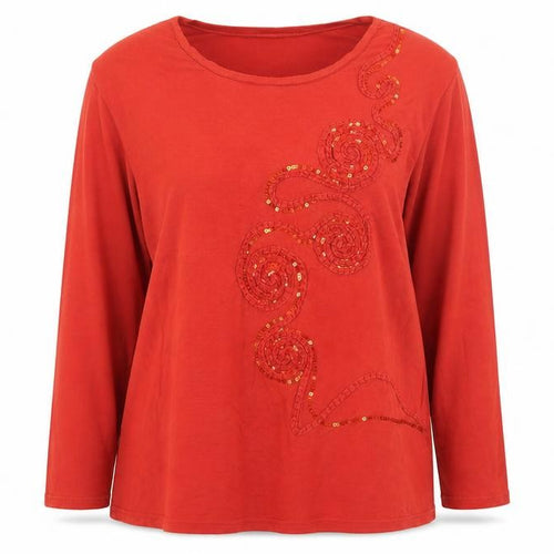 Roman Originals Women Red Long Sleeve Beaded Sequin Jersey Top 2XL