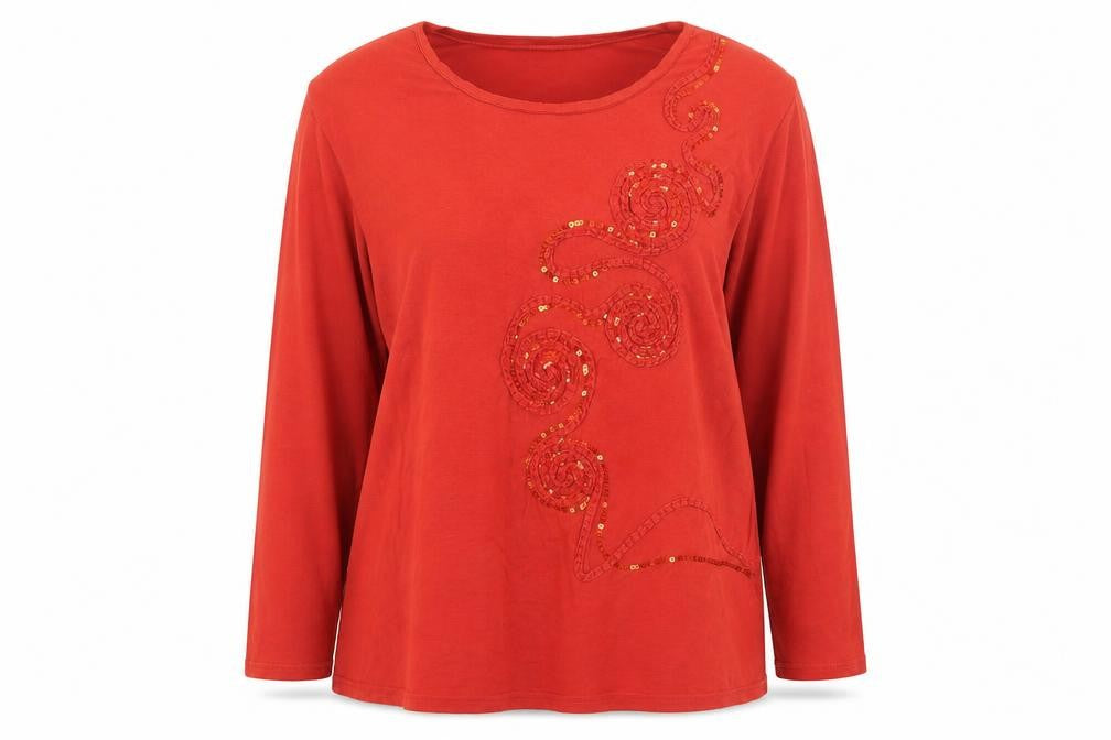 Roman Originals Women Red Long Sleeve Beaded Sequin Jersey Top 2XL