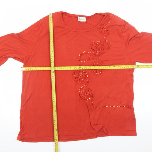 Roman Originals Women Red Long Sleeve Beaded Sequin Jersey Top 2XL