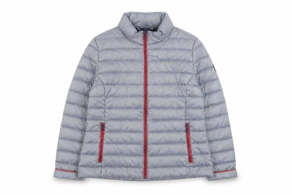 Front view of Junge Women’s Grey Puffer Jacket, size UK 12, Lightweight Quilted Coat