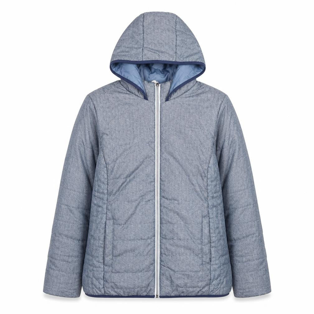 Front view of Nathalie Andersen women’s blue hooded mid-length puffer jacket m