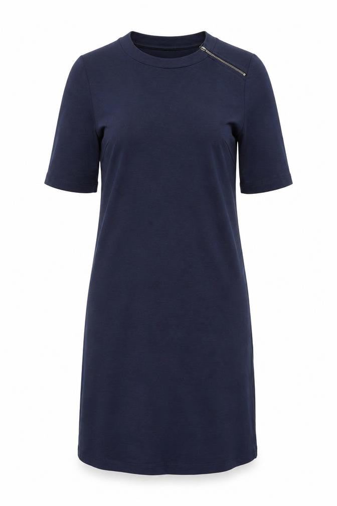 Front view of Only Women's Blue Shift Dress S Knee Length Zip Detail