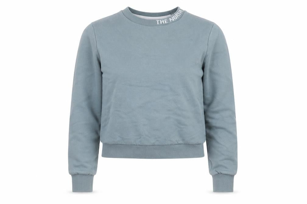 Front view of The North Face women’s blue xs pullover sweatshirt cotton crew neck