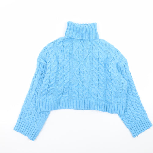 Bershka Women's Blue Roll Neck Cable Knit Acrylic Jumper Size 8