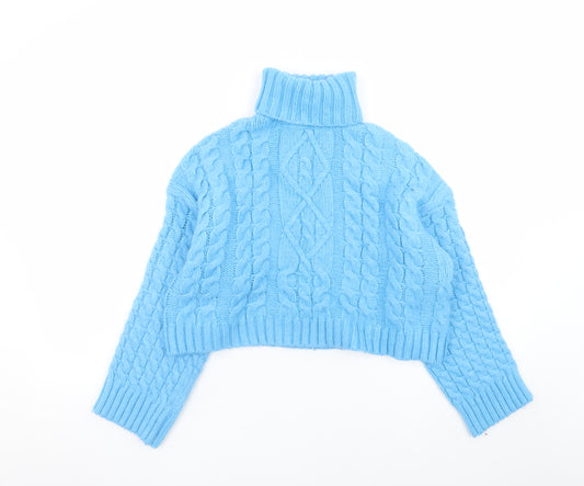 Bershka Women's Blue Roll Neck Cable Knit Acrylic Jumper Size 8