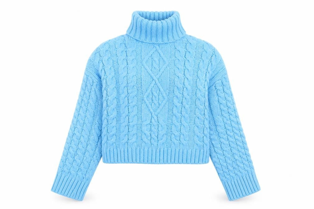 Front view of Bershka Women's Blue Roll Neck Cable Knit Acrylic Jumper, size 8