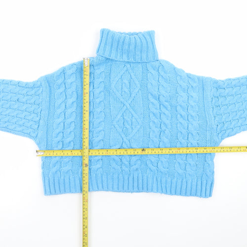 Bershka Women's Blue Roll Neck Cable Knit Acrylic Jumper Size 8