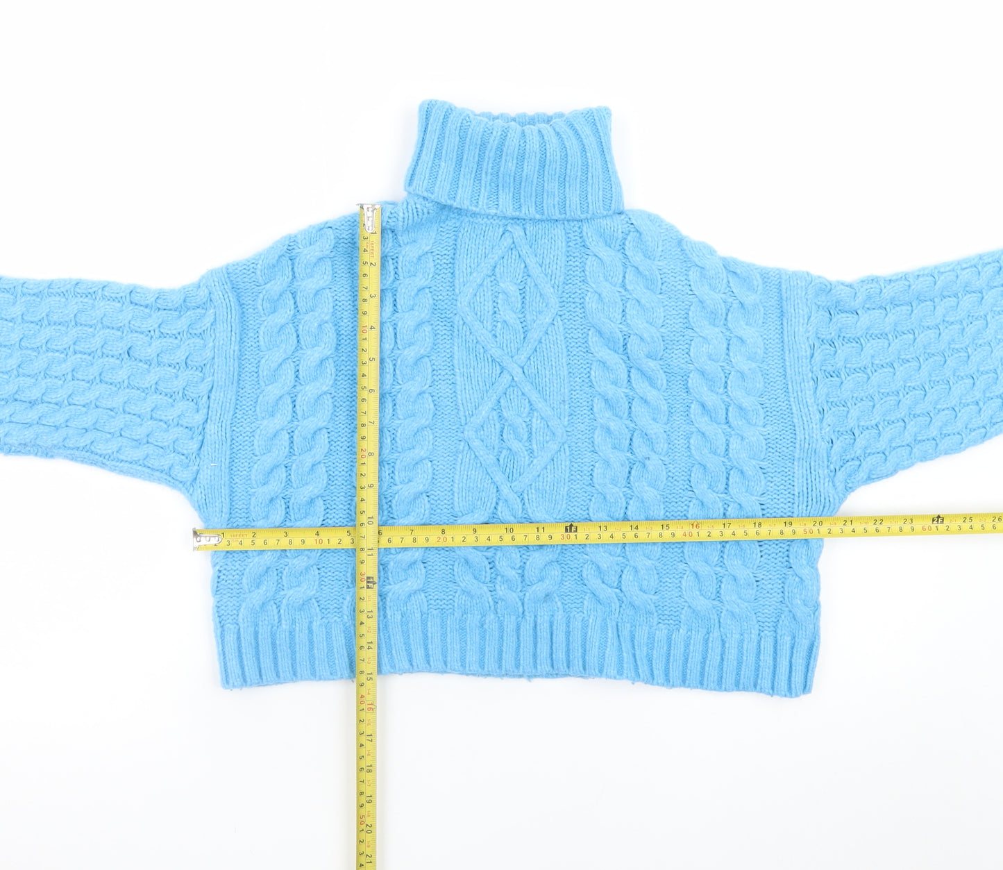 Bershka Women's Blue Roll Neck Cable Knit Acrylic Jumper Size 8