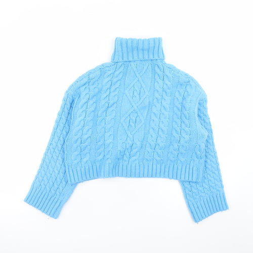 Bershka Women's Blue Roll Neck Cable Knit Acrylic Jumper Size 8