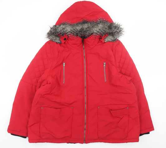 M&Co Womens Red Plus Size 22 Hooded Puffer Jacket with Faux Fur Trim