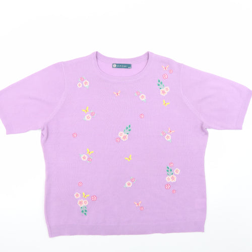 Amber Womens Purple Floral Embroidered Short Sleeve Acrylic Jumper Size 20
