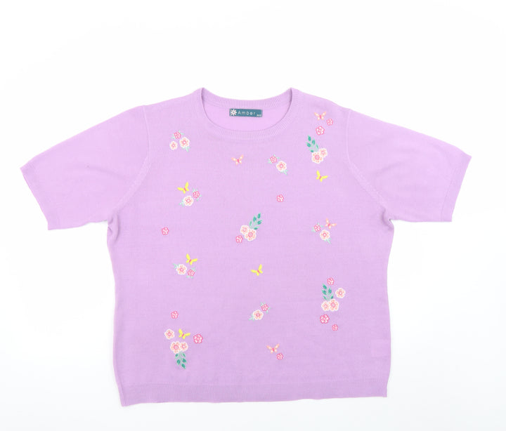 Amber Womens Purple Floral Embroidered Short Sleeve Acrylic Jumper Size 20