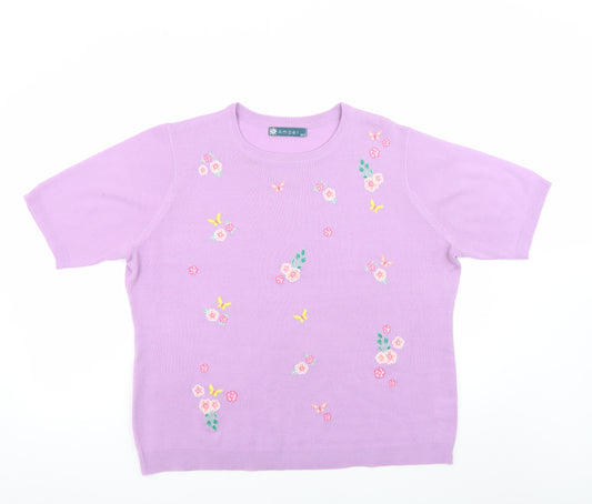 Amber Womens Purple Floral Embroidered Short Sleeve Acrylic Jumper Size 20