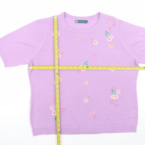 Amber Womens Purple Floral Embroidered Short Sleeve Acrylic Jumper Size 20