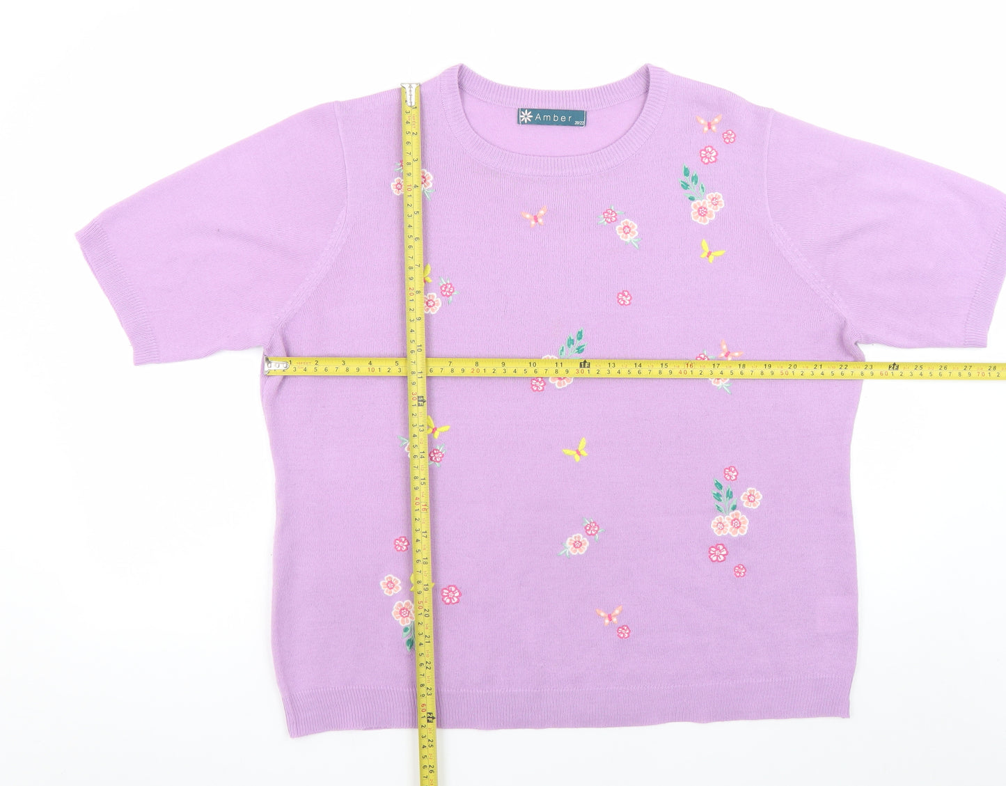 Amber Womens Purple Floral Embroidered Short Sleeve Acrylic Jumper Size 20