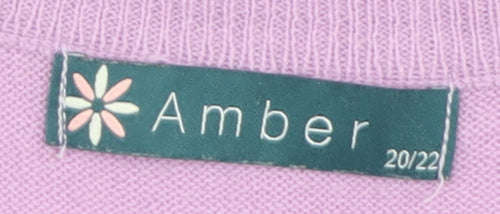 Amber Womens Purple Floral Embroidered Short Sleeve Acrylic Jumper Size 20