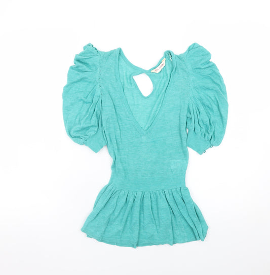 Miss Selfridge Women’s Green Puff Sleeve V-Neck Knit Blouse Size 6