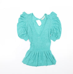 Miss Selfridge Women’s Green Puff Sleeve V-Neck Knit Blouse Size 6