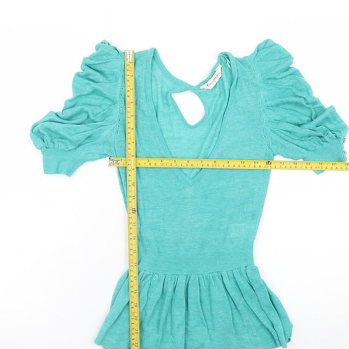 Miss Selfridge Women’s Green Puff Sleeve V-Neck Knit Blouse Size 6
