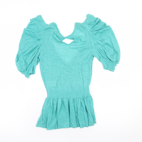 Miss Selfridge Women’s Green Puff Sleeve V-Neck Knit Blouse Size 6