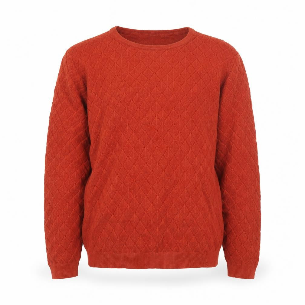 Front view of Warehouse boys’ rust diamond knit jumper, size 6, crew neck pullover