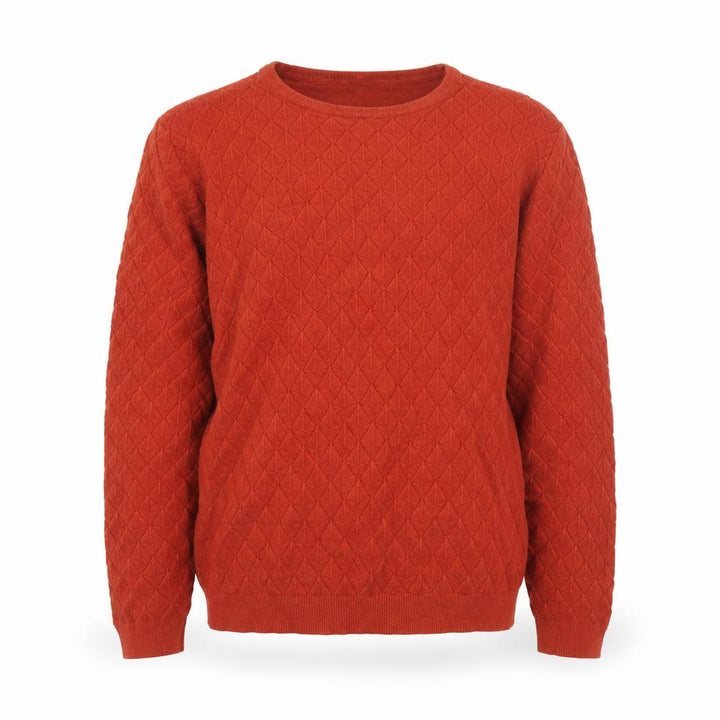 Front view of Warehouse boys’ rust diamond knit jumper, size 6, crew neck pullover