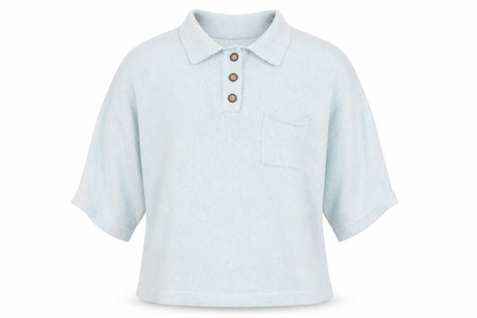 Front view of Wrap London women’s blue collared henley knit jumper, size UK 10