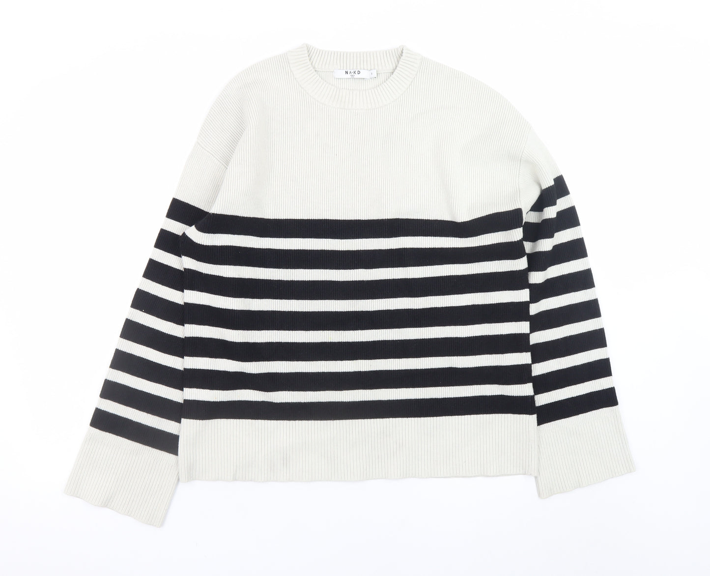 NA-KD Women’s Black White Stripe Knit Jumper Size S Crew Neck Pullover