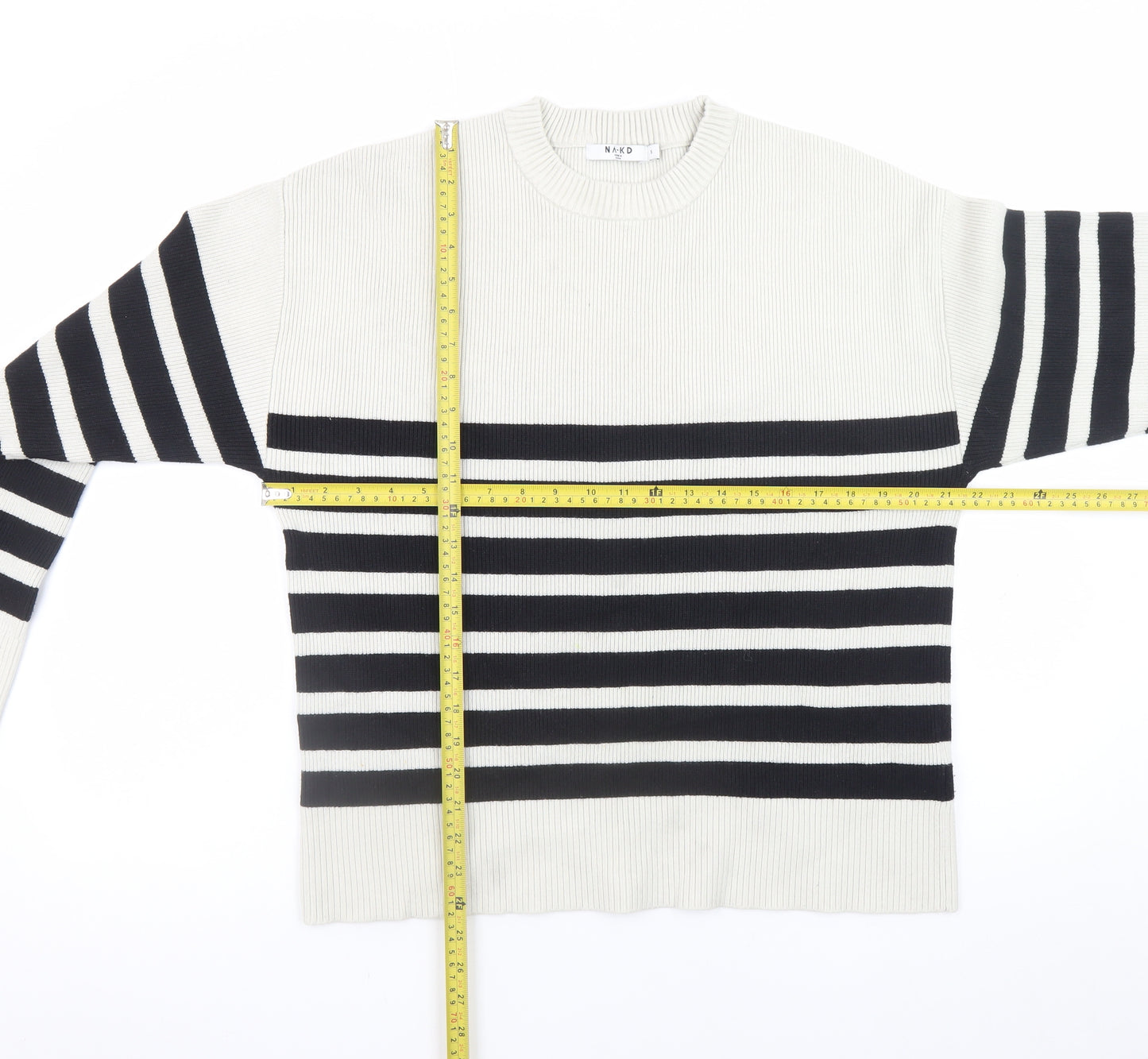 NA-KD Women’s Black White Stripe Knit Jumper Size S Crew Neck Pullover