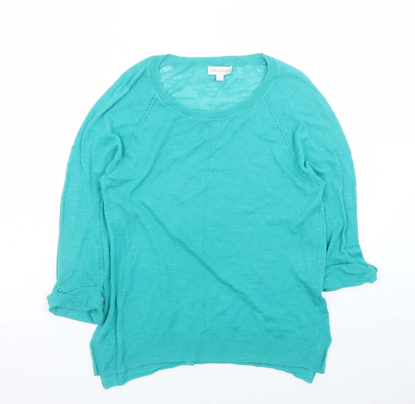 Monsoon Women Green Cotton 3/4 Sleeve Crew Neck Pullover Jumper S