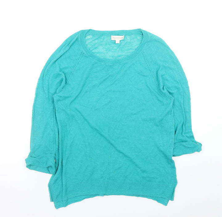 Monsoon Women Green Cotton 3/4 Sleeve Crew Neck Pullover Jumper S