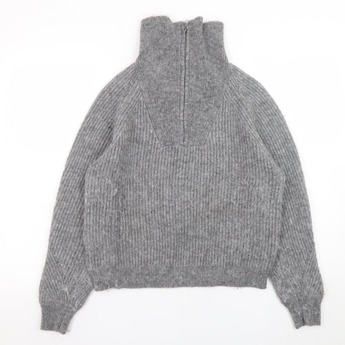 Marks and Spencer Women’s Grey High Neck Half Zip Ribbed Knit Jumper Size S