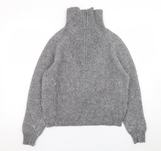 Marks and Spencer Women’s Grey High Neck Half Zip Ribbed Knit Jumper Size S