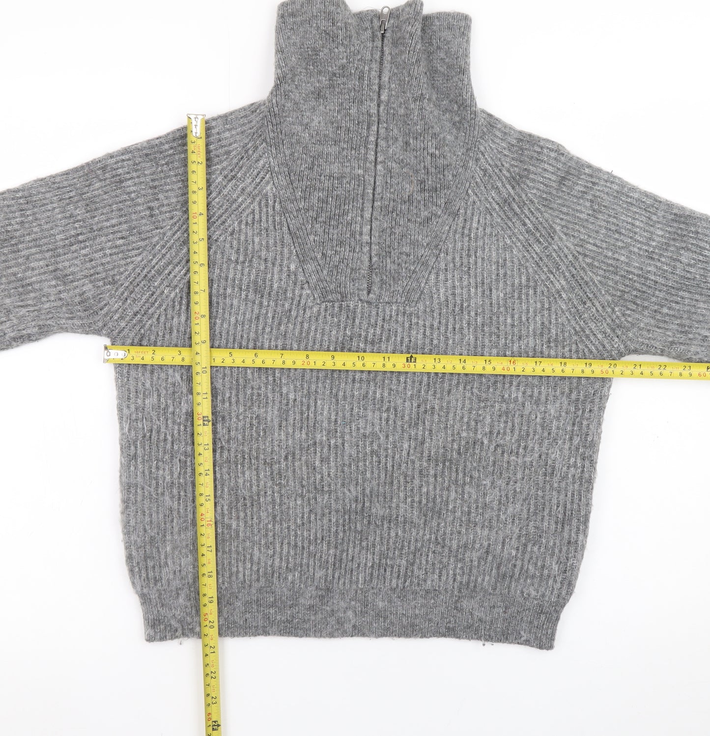 Marks and Spencer Women’s Grey High Neck Half Zip Ribbed Knit Jumper Size S