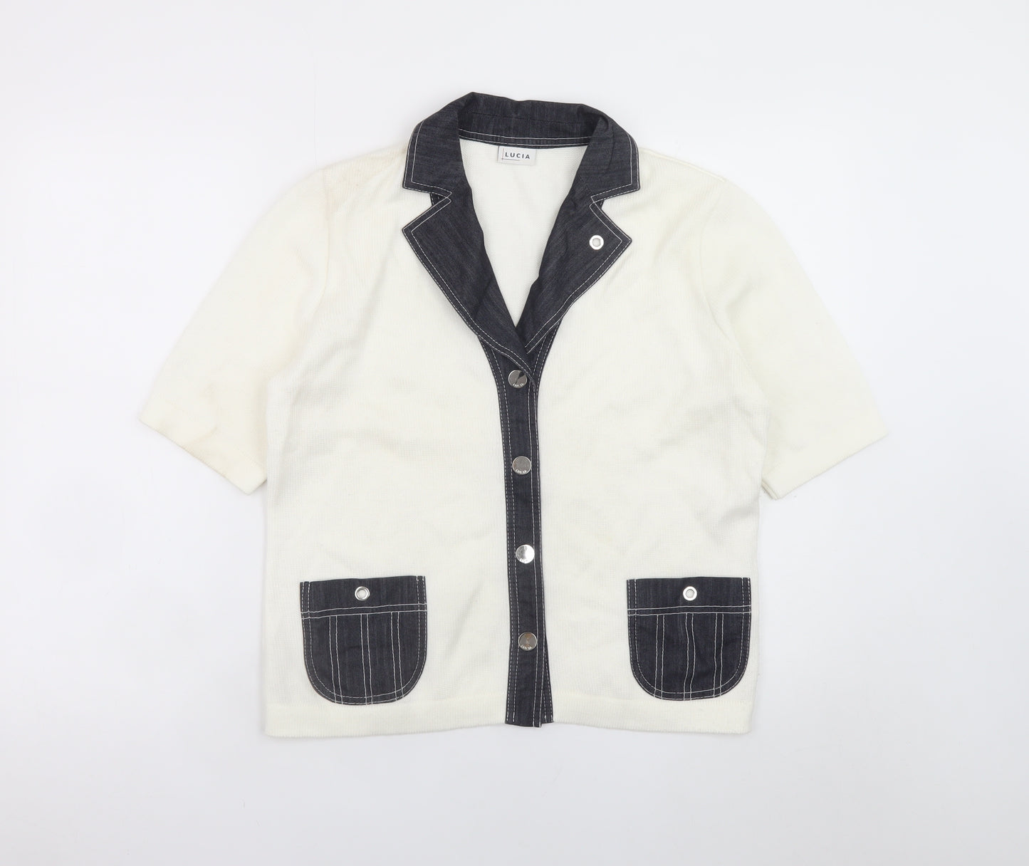 Lucia Women Ivory Short Sleeve Collared Cardigan Size 12