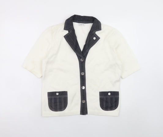Lucia Women Ivory Short Sleeve Collared Cardigan Size 12