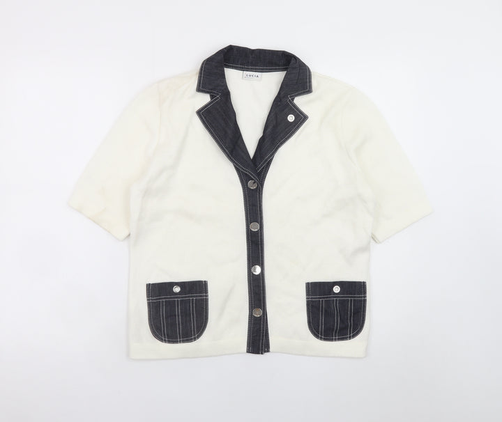 Lucia Women Ivory Short Sleeve Collared Cardigan Size 12