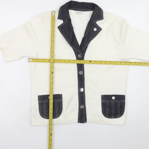 Lucia Women Ivory Short Sleeve Collared Cardigan Size 12