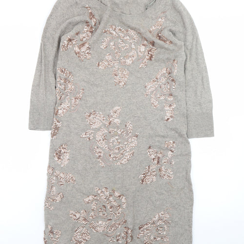 Monsoon Women Grey Sequin Floral Knit Jumper Dress Size S