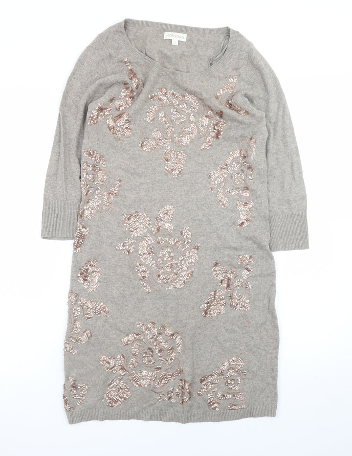 Monsoon Women Grey Sequin Floral Knit Jumper Dress Size S