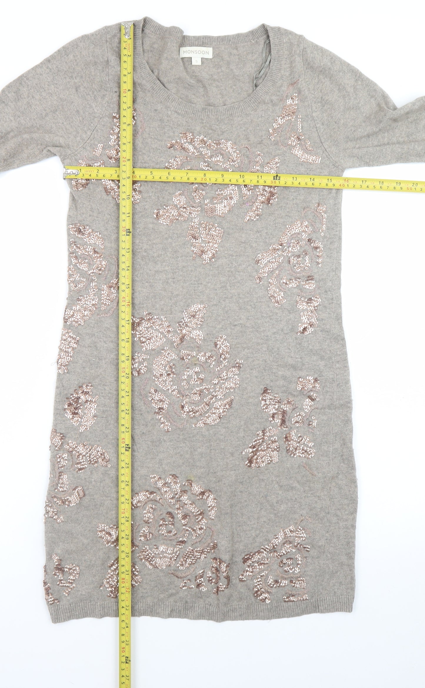 Monsoon Women Grey Sequin Floral Knit Jumper Dress Size S