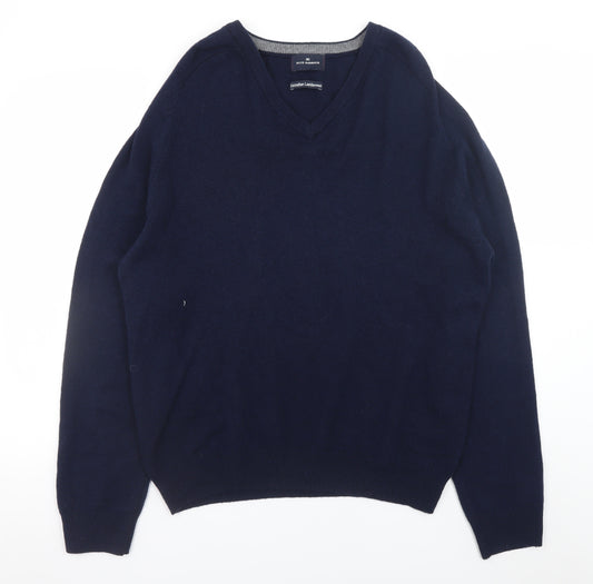 Marks and Spencer Men's Blue Lambswool V-Neck Jumper Size L