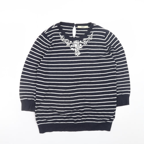 Oasis Women's Blue Striped Beaded Crew Neck Jumper Size M