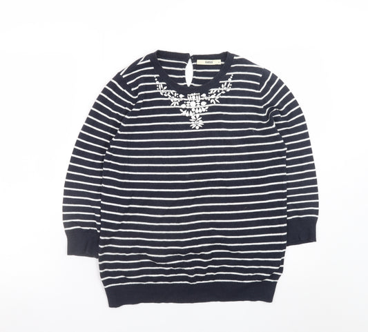 Oasis Women's Blue Striped Beaded Crew Neck Jumper Size M