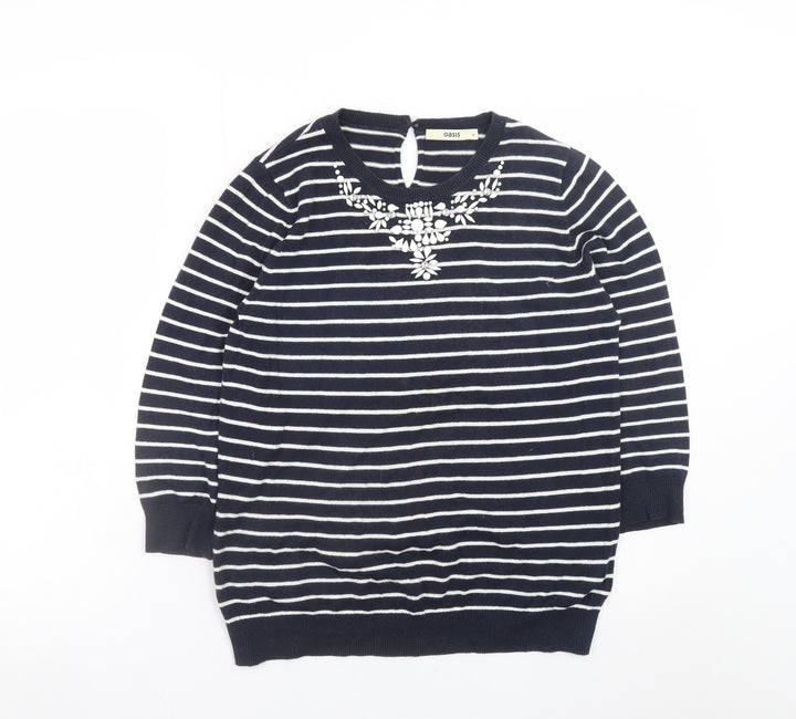 Oasis Women's Blue Striped Beaded Crew Neck Jumper Size M