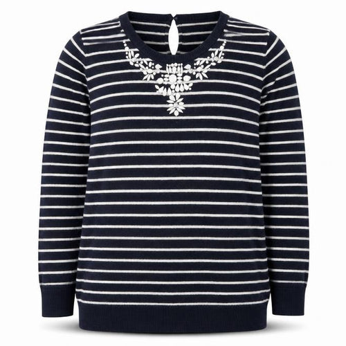 Oasis Women's Blue Striped Beaded Crew Neck Jumper Size M
