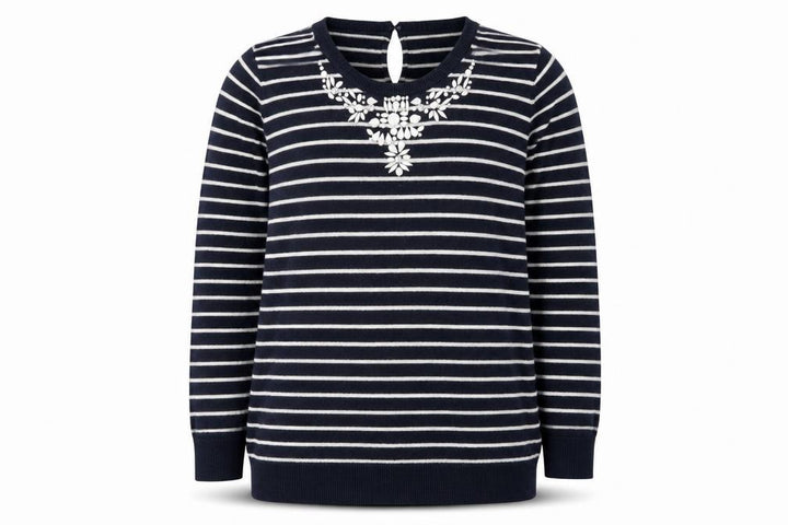 Oasis Women's Blue Striped Beaded Crew Neck Jumper Size M