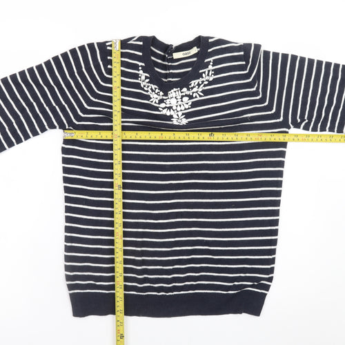 Oasis Women's Blue Striped Beaded Crew Neck Jumper Size M