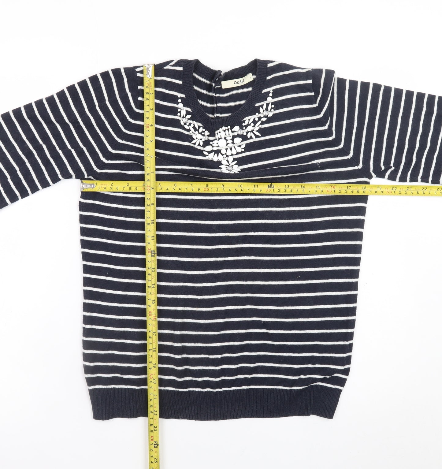 Oasis Women's Blue Striped Beaded Crew Neck Jumper Size M