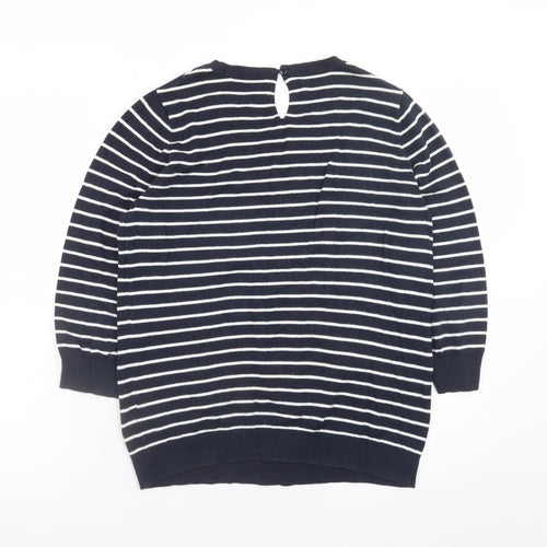Oasis Women's Blue Striped Beaded Crew Neck Jumper Size M
